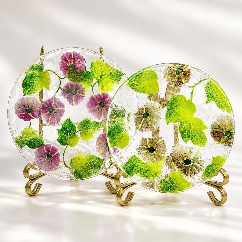 Vintage Sydenstricker Fused Glass Floral Plates Set of 2 Cape Cod Art Glass